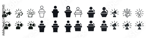 Icon set of diverse public speaking and presentation symbols