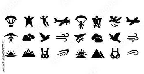 Adventure icon set: skydiving, paragliding, hang gliding, wingsuit, flying, mountains