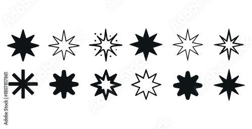Collection of various starburst icon designs in black and white