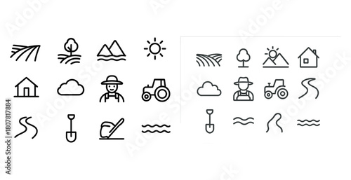 Farm and agriculture icons set featuring tractor, farmer, tools, nature