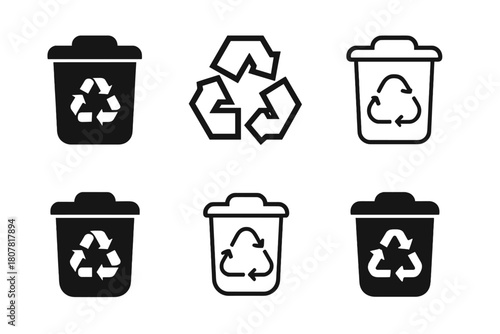 Trash Bin Lid Logos. Trash bin lid. Icon set. Set Logo of Trash bin lid: Recycling symbol on lid. harmonious logo variations of the same emblematic concept