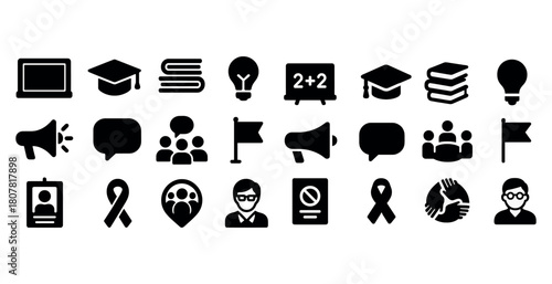 Education and communication icons set featuring diverse symbols