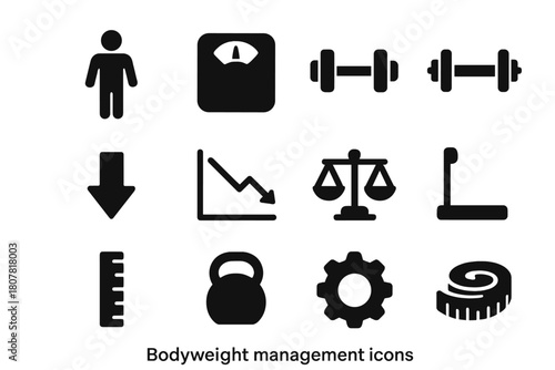 Bodyweight Management Icons. Bodyweight management. Solid icon set of Bodyweight management: person, scale, dumbbell, barbell, arrow, chart, balance, platform,