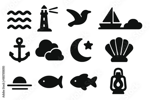 Sea Twilight Icons. Sea Twilight. Solid icon set of Sea Twilight: waves, lighthouse, seagull, boat, anchor, clouds, moon, star, shell, horizon, fish, lantern.