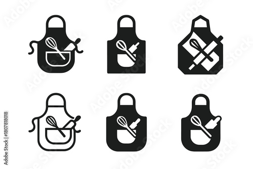 Baker's Apron Icons. Baker?s apron. Icon set. Set Logo of baker?s apron: apron with whisk and rolling pin crossed in pocket. harmonious logo variations of the