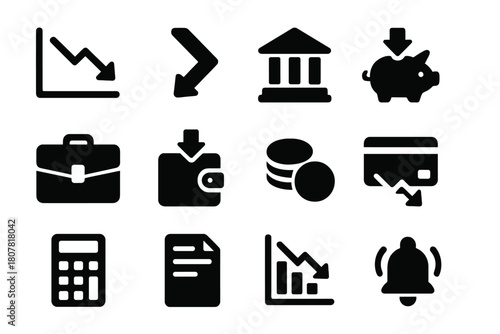 Economic Downturn Icons. Financial Downturn. Solid icon set of Financial Downturn: falling graph, downward arrow, bank building, piggy bank, briefcase, wallet,