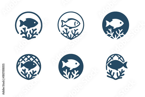 Sustainable Fishing Icons. Sustainable fishing. Icon set. Set Logo of sustainable fishing: reef protection icon. harmonious logo variations of the same
