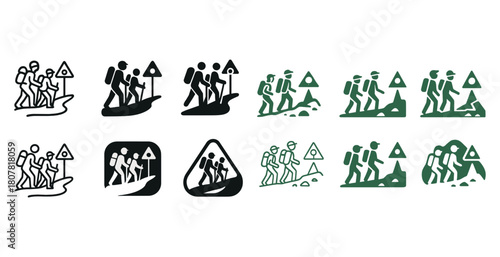 Hiking family icons collection - adventure symbols in black and green