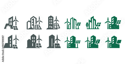 Green energy icons with solar panels and wind turbines