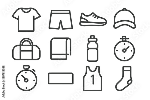 Minimalist Sportswear Icons. Sportswear. Line icon set of sportswear: T-shirt, shorts, sneakers, cap, gym bag, towel, water bottle, dumbbell, stopwatch,