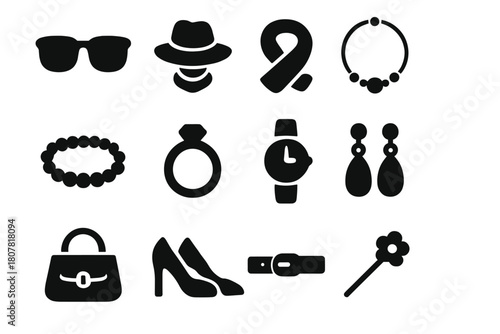 Fashion Icon Set. Fashion Identity. Solid icon set of Fashion Identity: sunglasses, hat, scarf, necklace, bracelet, ring, watch, earrings, bag, shoes, belt,