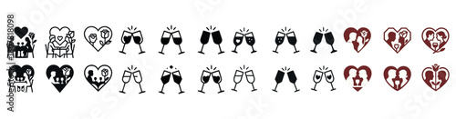 Set of romantic couple and toasting icons illustrating love and celebration