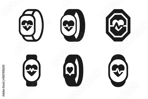 Fitness Tracker Logos. A close-up of a fitness tracker or smartwatch showing workout stats. Icon set. Set Logo of fitness tracker: smart wristband with