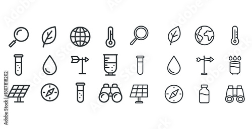 Environmental science icons set: magnifying glass, leaf, globe, thermometer, test tube, solar panel, binoculars