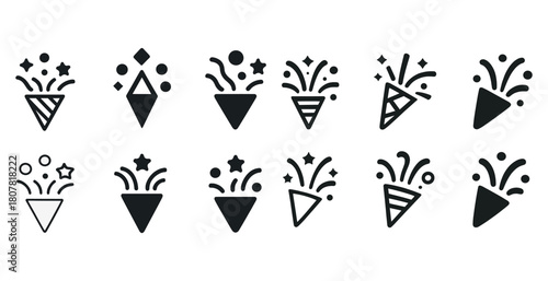 Celebration icons: festive party poppers with stars and confetti designs
