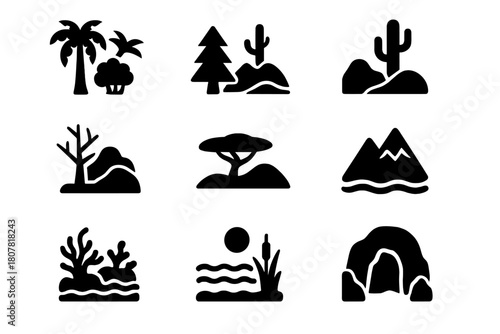 Wild Biome Icons. Wild Biomes. Solid icon set of Wild Biomes: rainforest, forest, desert, tundra, savanna, mountain, river, ocean, wetland, coral reef,