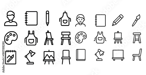 Artistic tools and icons set featuring easel, palette, and art supplies