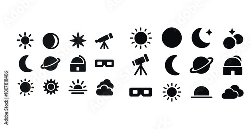 Collection of astronomy icons: sun, moon, planets, telescope, observatory, glasses, clouds