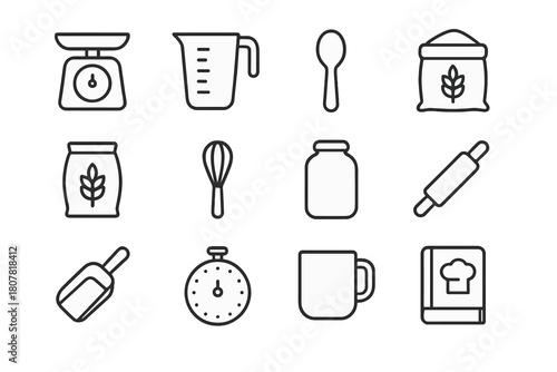 Cooking Icon Set. Cooking and measuring. Line icon set of cooking and measuring: scale, measuring cup, spoon, bowl, flour bag, whisk, jar, rolling pin, scoop,