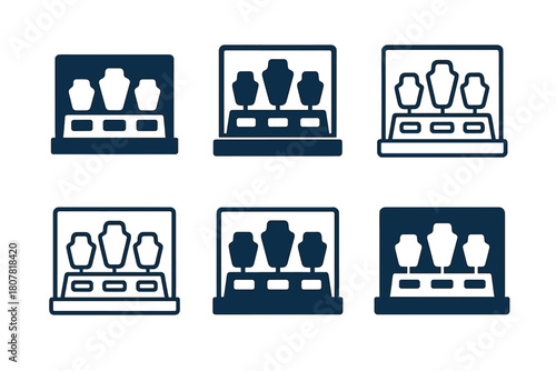 Product Logo Variations. Product table display. Icon set. Set Logo of product table display: rectangular showcase with labeled items. harmonious logo