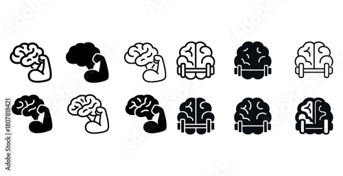 Brain fitness icons: strong brain and dumbbell illustrations