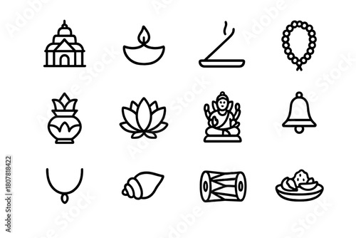 Hindu Ritual Icons. Hinduism rituals. Line icon set of Hinduism rituals: temple, diya lamp, incense stick, prayer beads, holy water pot, lotus flower, deity
