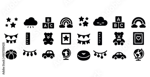 Black and white children's toy and decoration icons