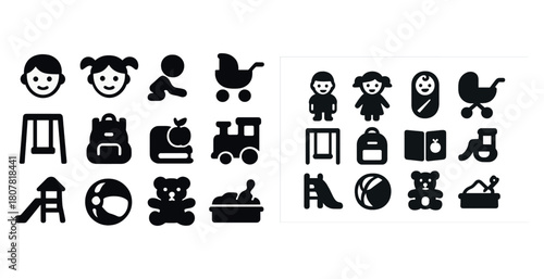 Children's toys and icons: stroller, playground, backpack, ball, teddy bear silhouettes