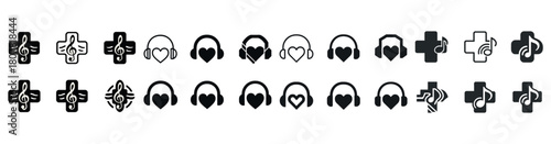 Diverse music icons: headphones and musical elements collection