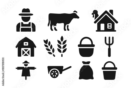 Peasant Life Icons. Peasant Life. Solid icon set of Peasant Life: farmer, cow, chicken, cottage, barn, wheat, basket, pitchfork, scarecrow, cart, sack of