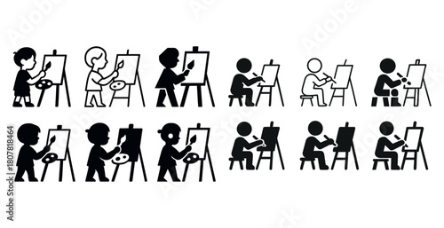 Silhouettes of artists painting on easels in various poses