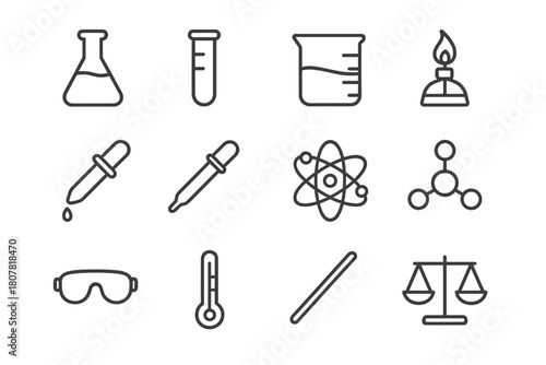 Chemistry Tools Icon Set. Chemistry Tools. Line icon set of Chemistry Tools: flask, test tube, beaker, burner, dropper, pipette, atom, molecular model, safety