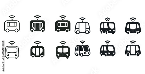 Set of autonomous vehicle icons with wi-fi symbols in black and white