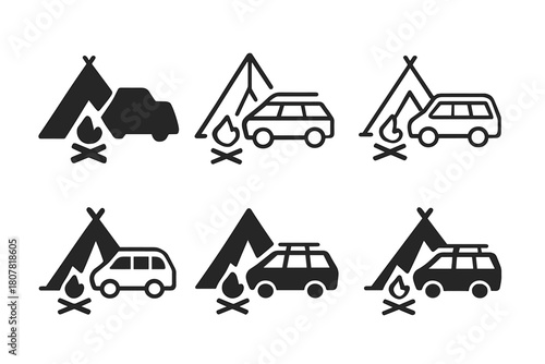 Family Trip Icons. Family car trip. Icon set. Set Logo of family car trip: tent and campfire. harmonious logo variations of the same emblematic concept, each