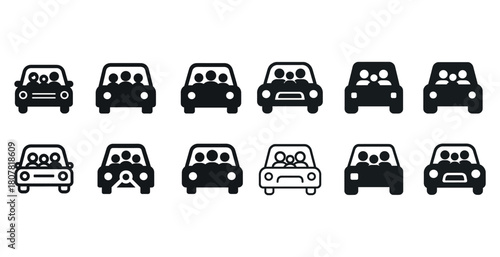 Simple car icons set: front view vehicle designs with passengers