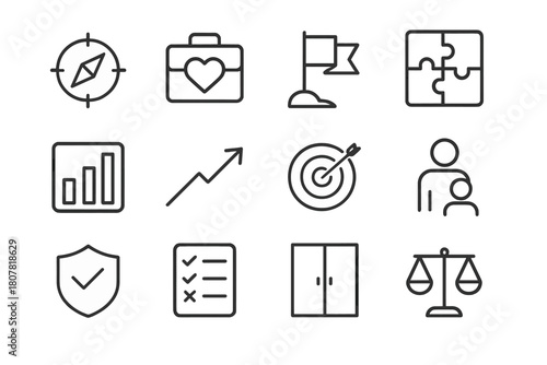 Career Values Icons. Career values alignment. Line icon set of career values alignment: compass, heart in briefcase, mission flag, skills puzzle, strengths
