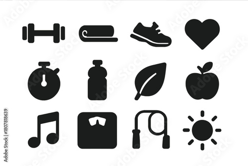 Fitness Icon Set. Fitness tracking. Solid icon set of Fitness tracking: smartwatch, running shoe, heart rate, step counter, dumbbell, stopwatch, water bottle,