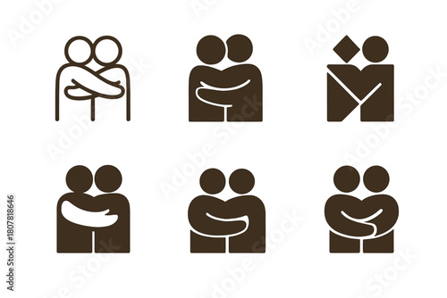 Warm Embrace Logos. Warm hug. Icon set. Set Logo of Warm Hug: two human figures embracing. harmonious logo variations of the same emblematic concept, each with