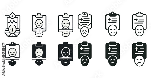 Medical chart icons set depicting patient sad and unwell