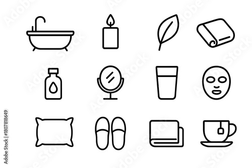 Self Care Icons. Self care. Line icon set of self care: bathtub, candle, leaf, yoga mat, essential oil, mirror, water glass, face mask, pillow,