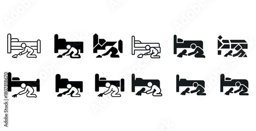 Various stick figures searching under beds in different styles and perspectives