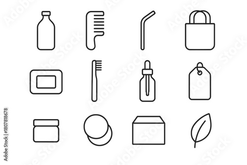 Eco Product Icons. Eco product design. Line icon set of eco product design: glass bottle, wooden comb, metal straw, cloth bag, soap bar, bamboo brush, dropper