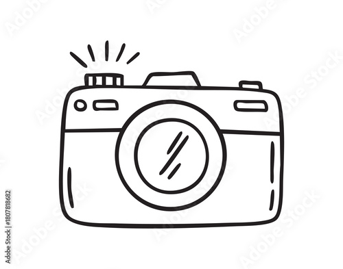 Digital camera doodle, hand drawn illustration, flash effect, compact gadget icon, photo simple sketch concept isolated device