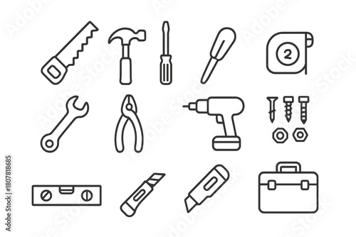 Carpentry Tools Icons. Carpentry tools. Line icon set of Carpentry tools: saw, hammer, screwdriver, tape measure, wrench, pliers, drill, nails, bolts, level,