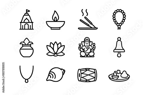 Hindu Ritual Icons. Hinduism rituals. Line icon set of Hinduism rituals: temple, diya lamp, incense stick, prayer beads, holy water pot, lotus flower, deity