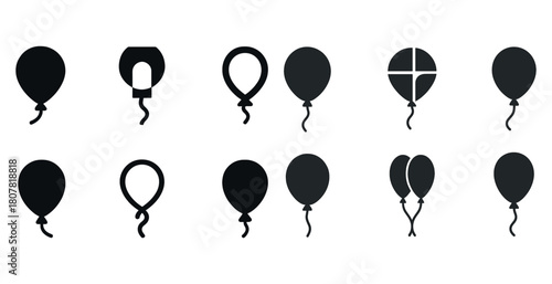 Assorted balloon icon set in black silhouette style