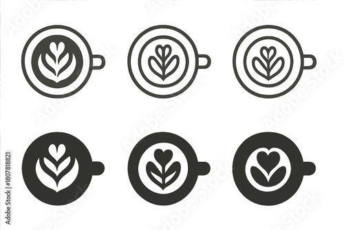 Latte Art Icons. Preparing a warm drink. Icon set. Set Logo of Latte Art: Foam design. Stylized detail, Abstract geometric, Minimal outline, Filled silhouette,