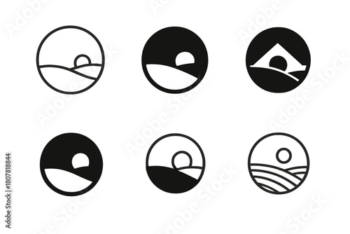 Open Space Logos. open space. Icon set. Set Logo of open space: minimalist landscape with sky and horizon. harmonious logo variations of the same emblematic