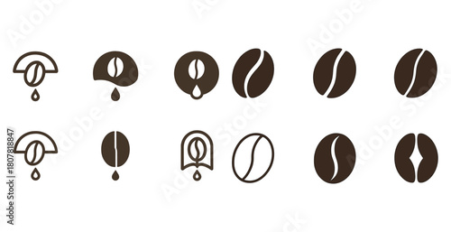 Collection of coffee bean logos and icons featuring various designs and styles