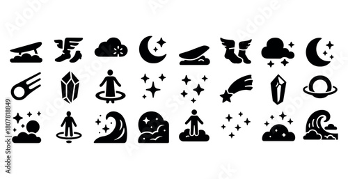 Space and nature icons: stars, planets, moons, clouds, waves, crystals